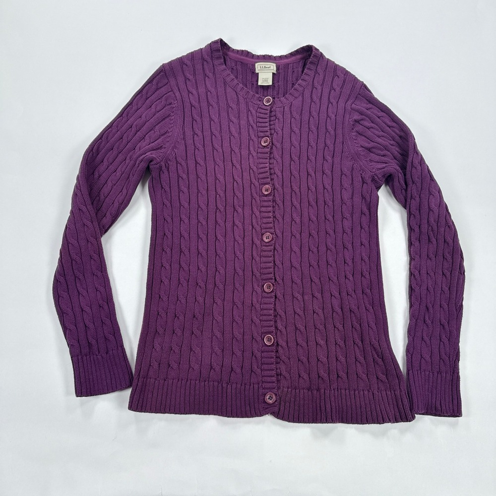 LL Bean Womens Cardigan Large Purple Cotton Cable Knit Classic Sweater Button Up
